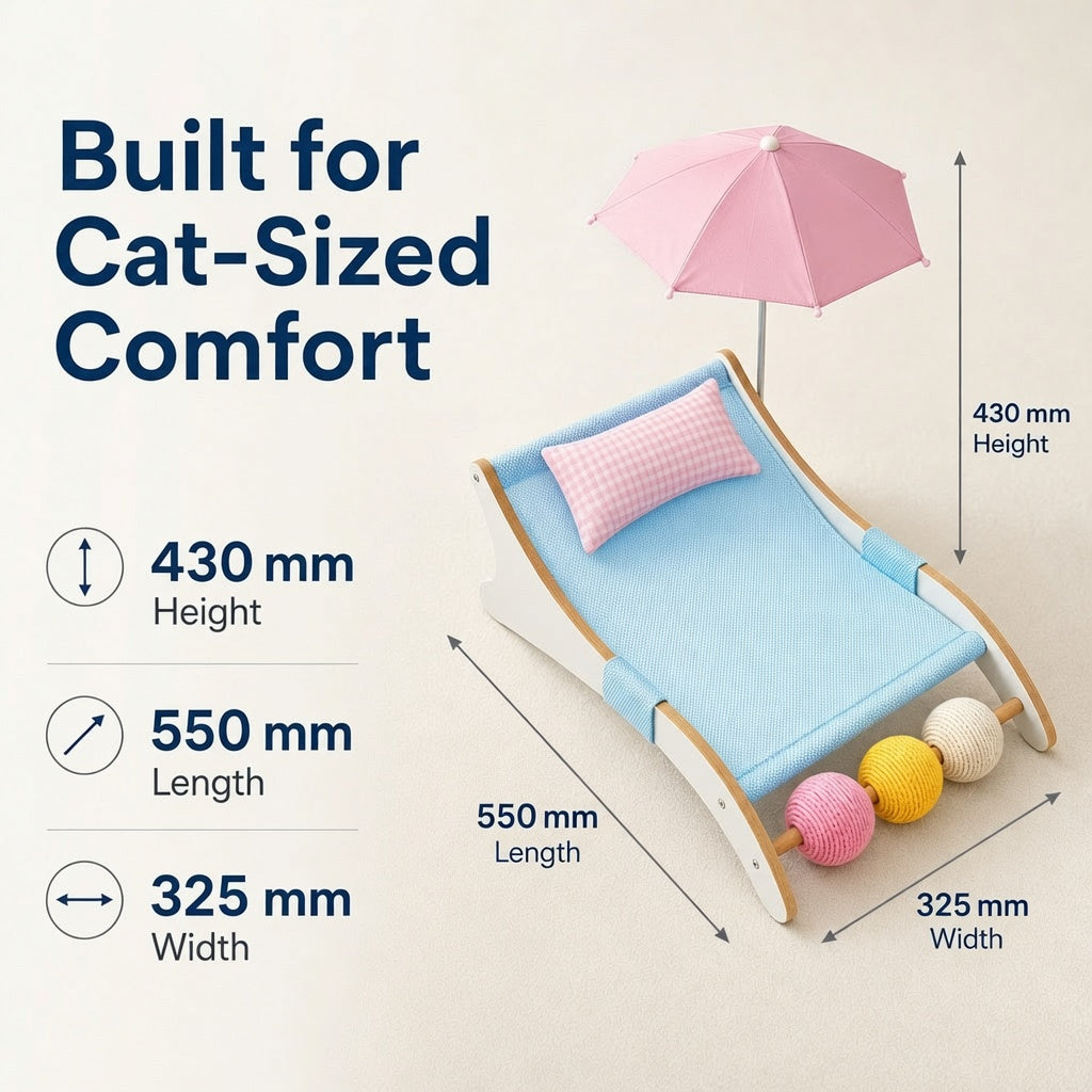 Cooling Cat Beach Lounger with Parasol - Breathable Fabric Wooden Cat Chair