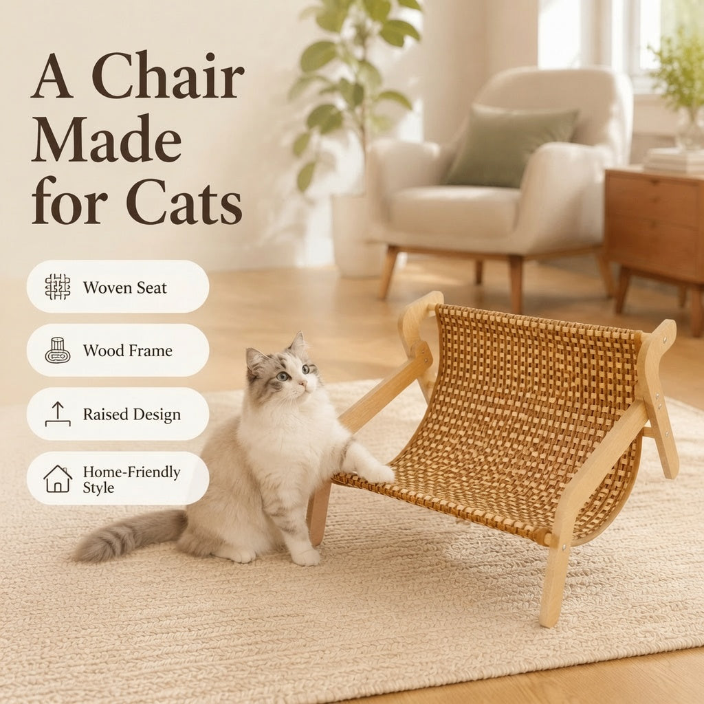 Raised Cooling Woven Cat Chair - Airy Sisal Seat, Natural Wood Frame Pet Furniture