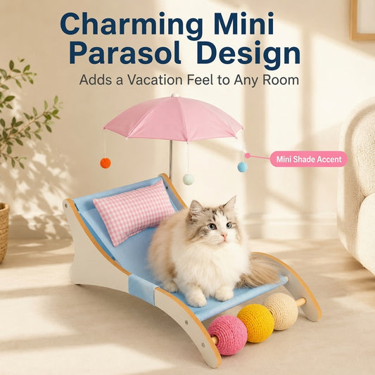 Cooling Cat Beach Lounger with Parasol - Breathable Fabric Wooden Cat Chair