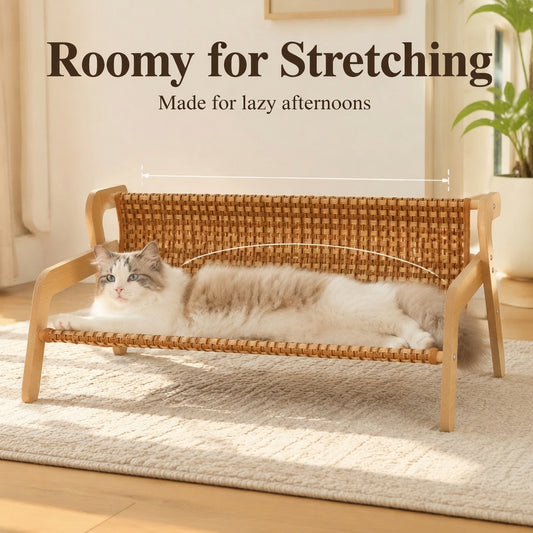 Raised Cooling Woven Cat Chair - Airy Sisal Seat, Natural Wood Frame Pet Furniture