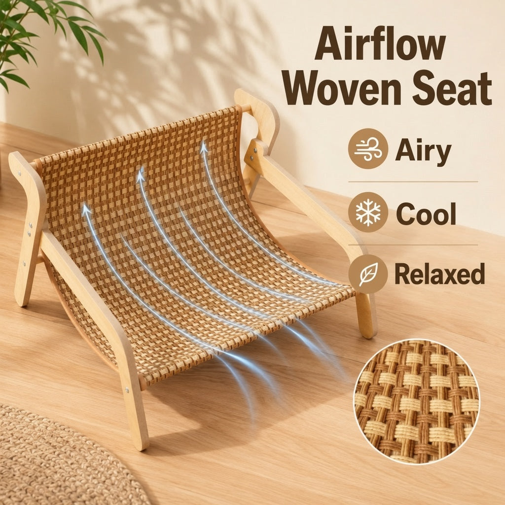 Raised Cooling Woven Cat Chair - Airy Sisal Seat, Natural Wood Frame Pet Furniture