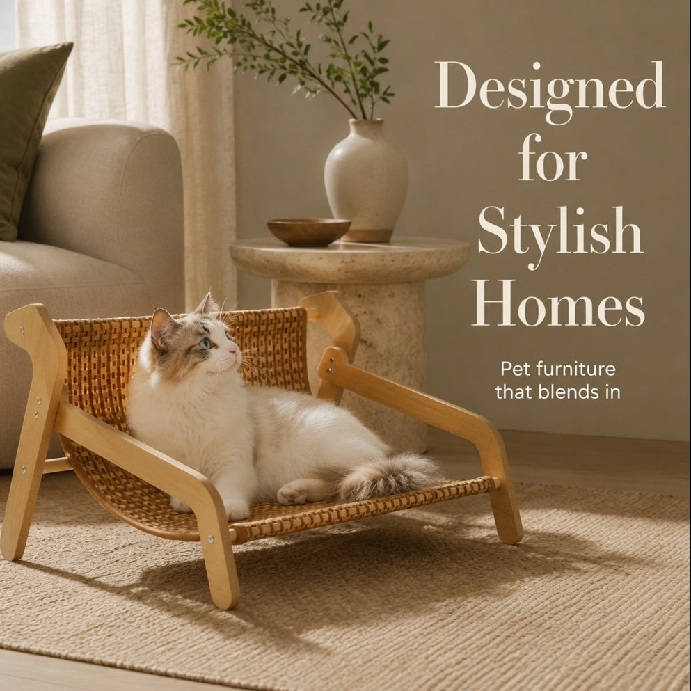 Raised Cooling Woven Cat Chair - Airy Sisal Seat, Natural Wood Frame Pet Furniture