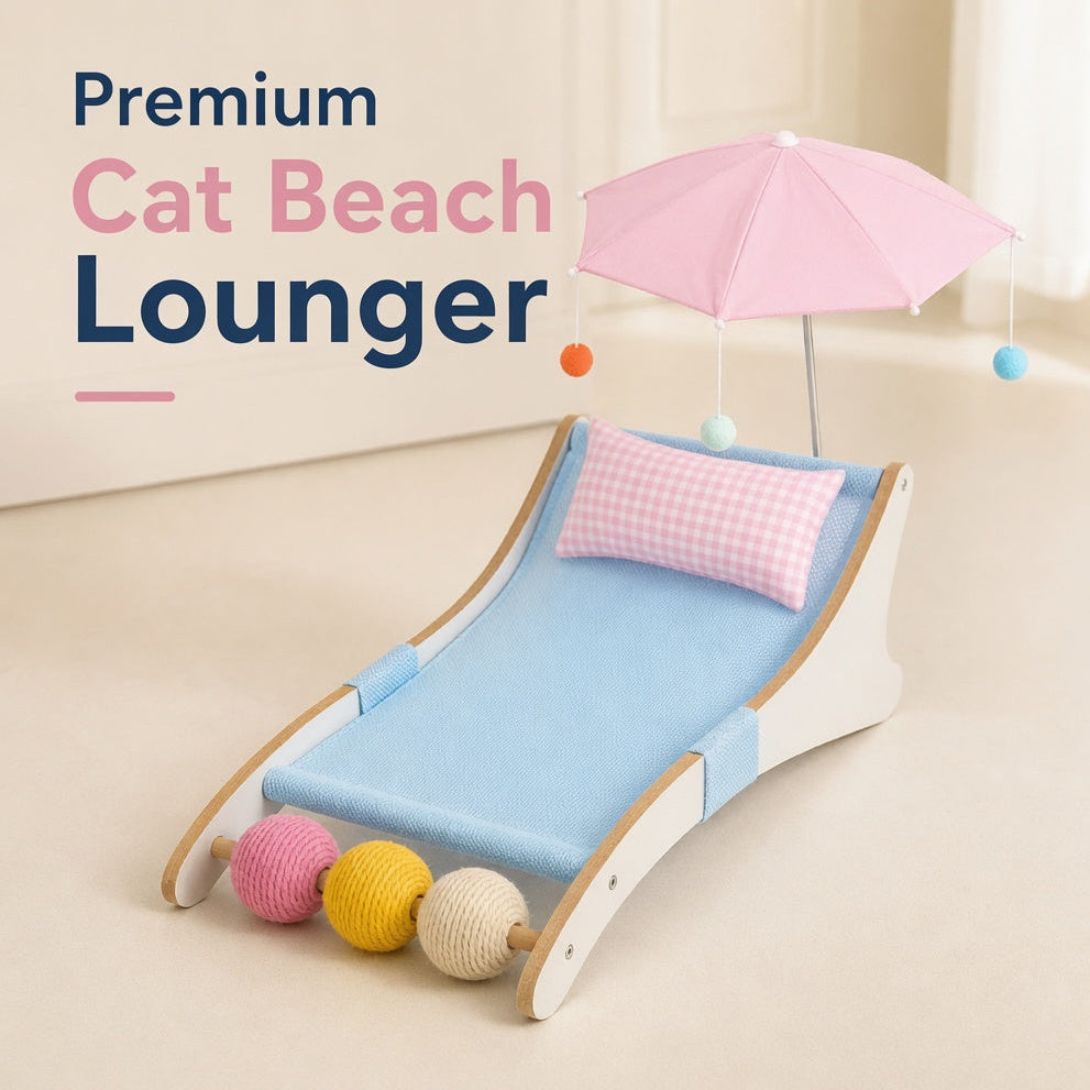 Cooling Cat Beach Lounger with Parasol - Breathable Fabric Wooden Cat Chair
