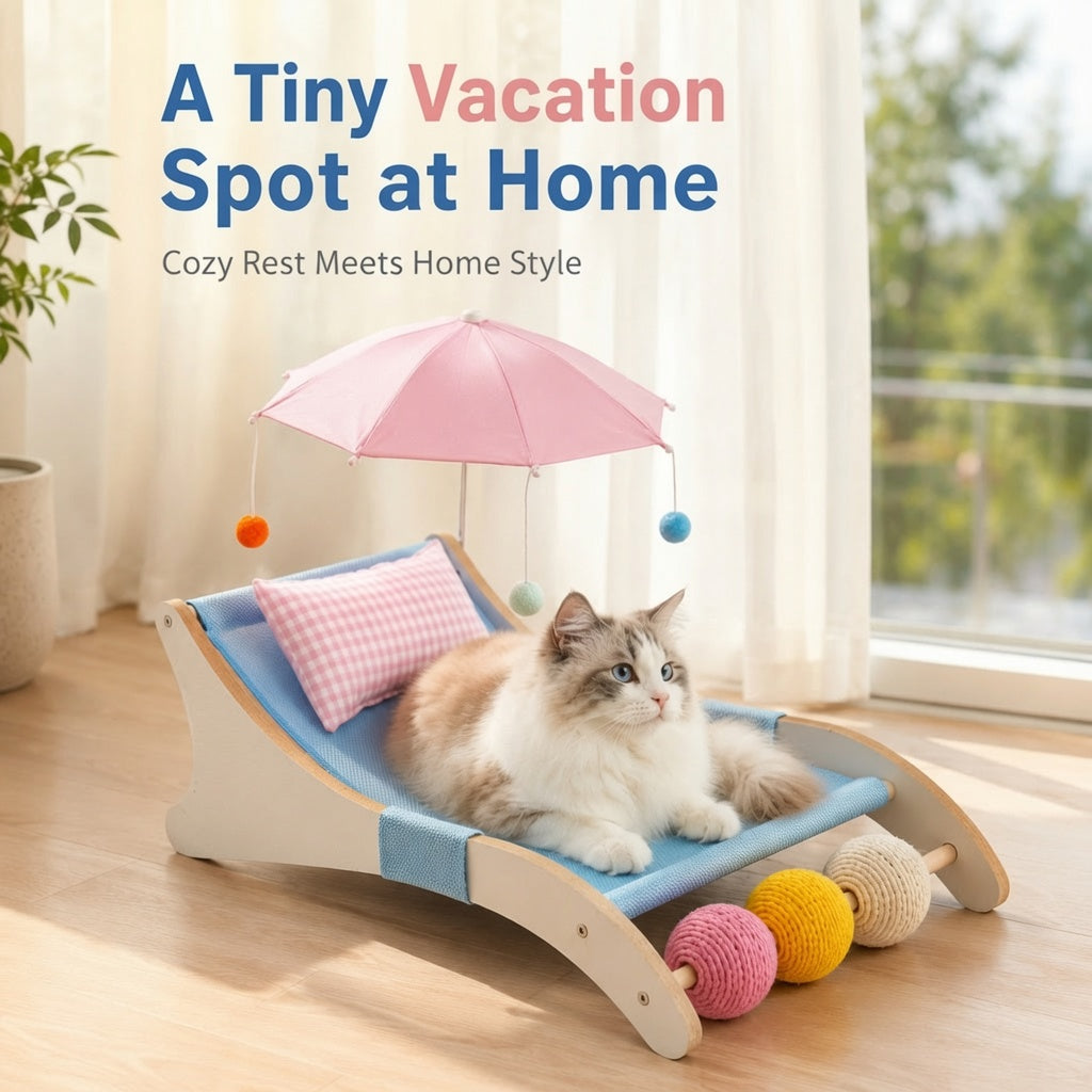 Cooling Cat Beach Lounger with Parasol - Breathable Fabric Wooden Cat Chair