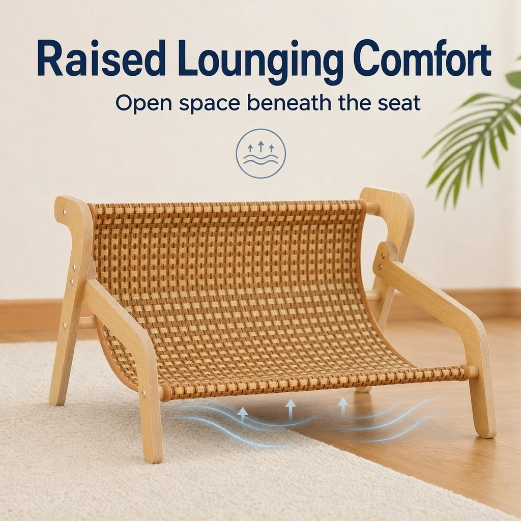Raised Cooling Woven Cat Chair - Airy Sisal Seat, Natural Wood Frame Pet Furniture