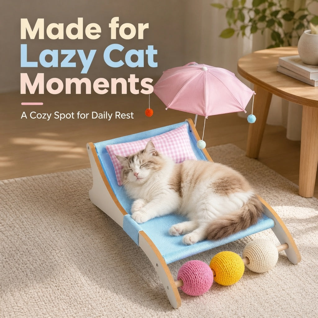 Cooling Cat Beach Lounger with Parasol - Breathable Fabric Wooden Cat Chair