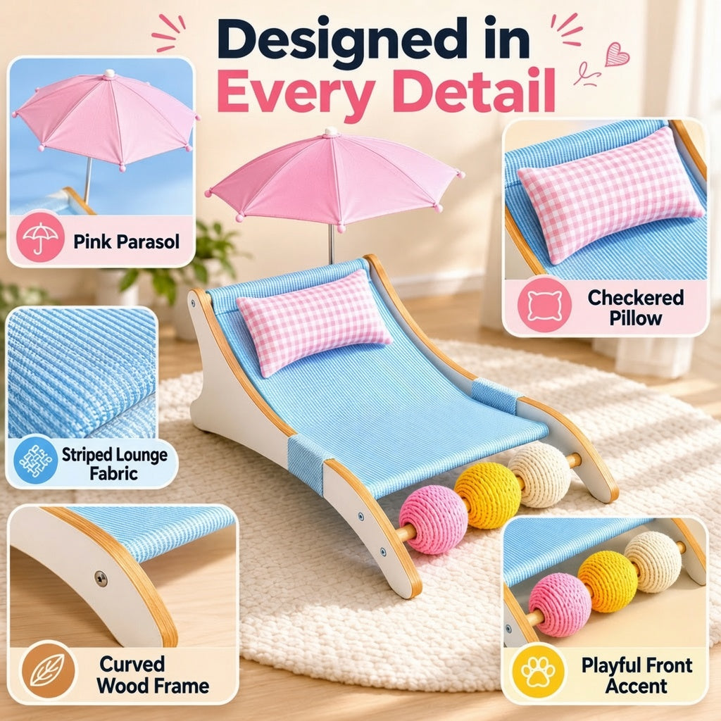 Cooling Cat Beach Lounger with Parasol - Breathable Fabric Wooden Cat Chair