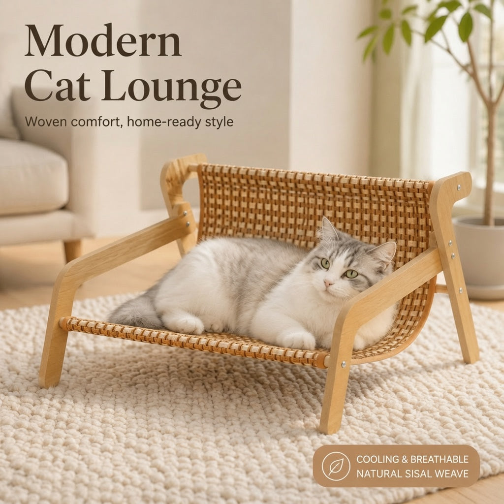 Raised Cooling Woven Cat Chair - Airy Sisal Seat, Natural Wood Frame Pet Furniture